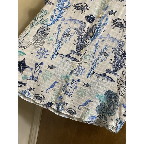 Jane + Delancey White Blue Sea Life Print Short Sleeve Button Blouse L Light - Picture 5 of 13